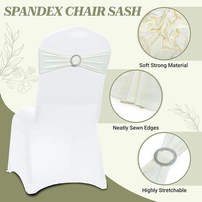 MDS Pack of 75 Spandex Chair Sashes Bow Premium Stretch Chair Cover Band with Buckle Slider Universal fits Elastic Dining Chair Ties for Wedding Party Banquet Events Decoration - Ivory