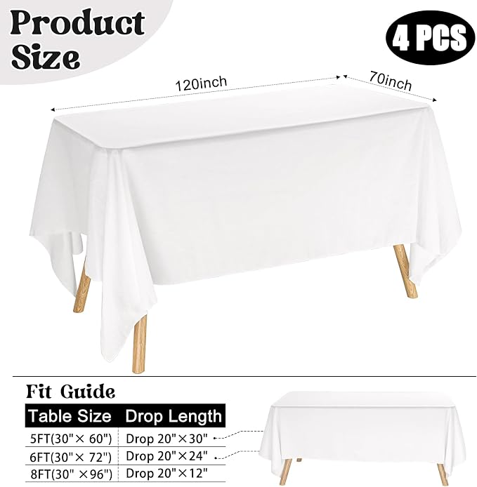 4 Pack Rectangle Tablecloth for 6 Foot Tables Washable Polyester Table Cover for Wedding Dining Table Parties Banquet（70x120 White）