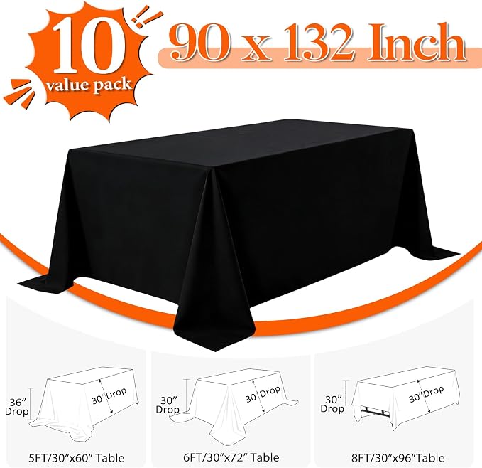 10 Pack Black Tablecloths 90x132 Inch Black Table Cloth for 6 Foot Rectangle Tables, Wrinkle Resistant Rectangular Tablecloth Washable Polyester Fabric Table Covers for Party Banquet Wedding Buffet