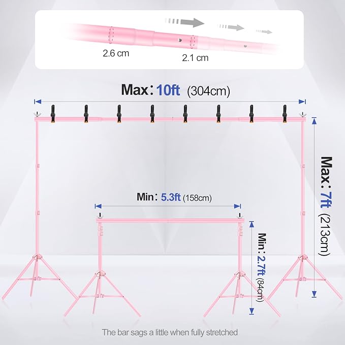 EMART Backdrop Stand 10x7ft(WxH) Photo Studio Adjustable Background Stand Support kit with 2 Crossbars, 8 Clamps, 2 Sandbags and Carry Bag for Parties, Events Decoration, Wedding, Photography -Pink