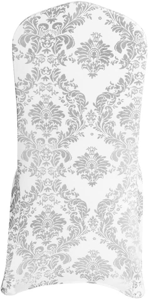 Pack of 6 Dining Chair Covers Bronzing Silver Flower Print Removable Washable Spandex Stretch Decorative Chair Slipcovers Set for Party Wedding Home Decorations - Silver+White