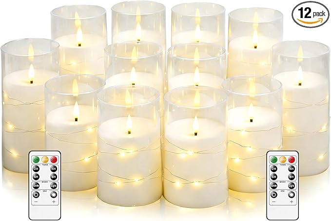 kakoya Flameless LED Candles with Timer 12 Pc Flickering Flameless Candles for Romantic Ambiance and Home Decoration Stable Acrylic Shell,with Embedded Star String，Battery Operated Candles(White)