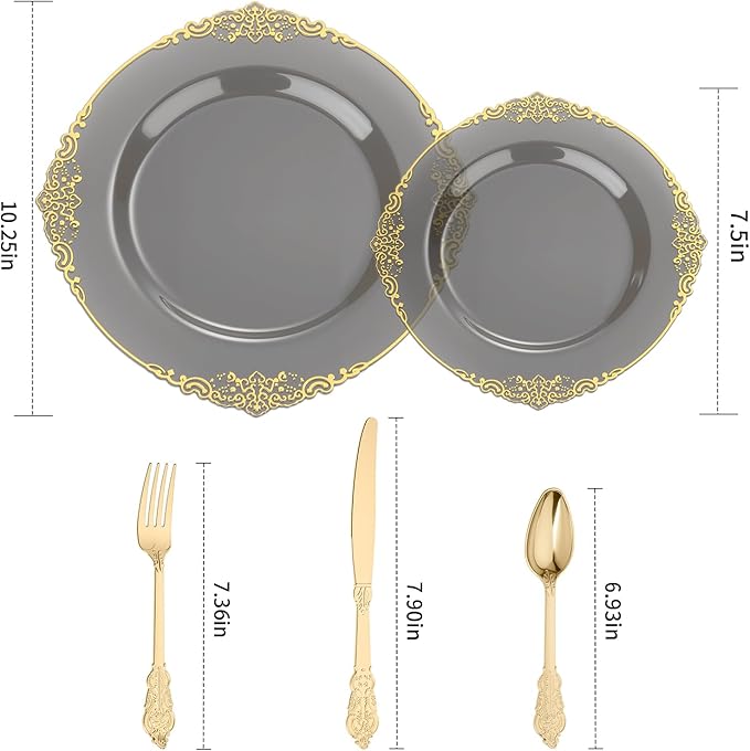 Goodluck 250 PCS Vintage Translucent Black & Gold Rim Plastic Plates with Cutlery Set - Serves 50 - Heavy Duty Elegant Disposable Dinnerware for New Years Eve, Halloween, Gatsby Party