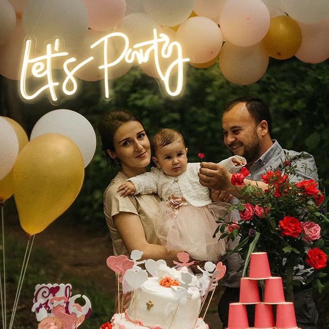 Lets Party Neon Sign with Dimmable for All Partys,17x7.5inch, Neon Lights for Wall Decor, Birthday, Wedding, Bachelorette Party, Valentine's Day Gifts Let's Party Neon Lights with 5V USB Cable, Warm White Cheers Sign