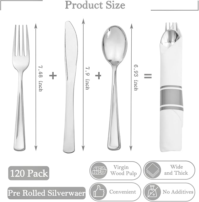 Supernal Pre Rolled Silver Plastic Silverware Set of 30 Wrapped Cutlery,Heavy Duty Disposable Wrapped Cutlery Set for Business Banquets, Weddings, Mother's Day,Graduations & 2026 Events