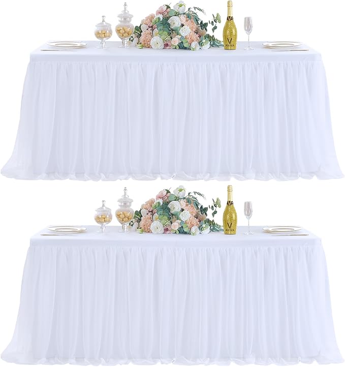 familus White Table Cloths 8 Foot Rectangle 2 Pack Stretch Ruffle Tulle Tablecloth Spandex Fitted Table Cover for 8 Foot Tulle Table Skirts for Party Wedding Table Cloths, Banquets