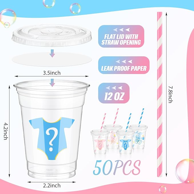 FoldTier 50 Pcs Gender Reveal Cups Gender Reveal Party Supplies 12 oz Party Plastic Cups Boy or Girl Transparent Cup with Lids Straws Blue and Pink Baby Shower Decorations It's a Boy or It's a Girl