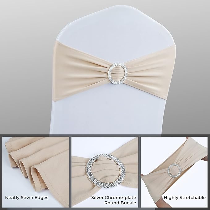 Spandex Chair Sashes Bows - Babenest 50PCS Premium Stretch Chair Cover Band with Buckle Slider Universal Elastic Chair Ties for Easter Wedding Party Ceremony Reception Banquet Decoration (Champagne)