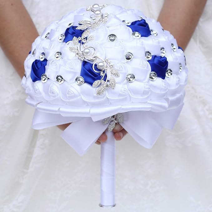 Bridal Wedding Bouquet with Silver Rhinestone Brooch Bouquet for Bride Bridesmaid Quinceanera Satin Rose Flower Bouquet Wedding Royal Blue and White 9.5in