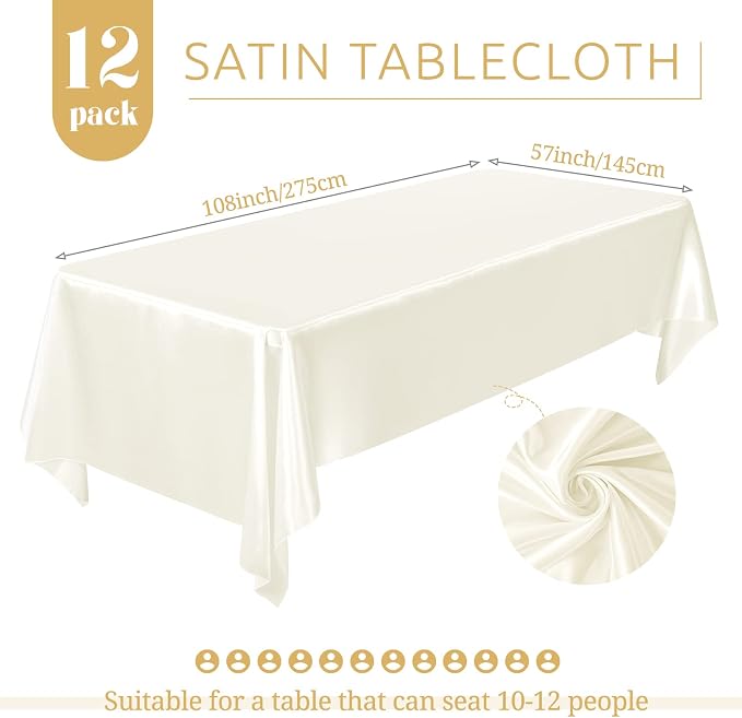 12 Pack Ivory Satin Tablecloth, 57 x 108 Inch Silky Satin Table Cloth, Rectangle Bright Silk Tablecloth Smooth Fabric Table Covers Overlay Silky Tables Decoration for Wedding Party Banquet Birthday