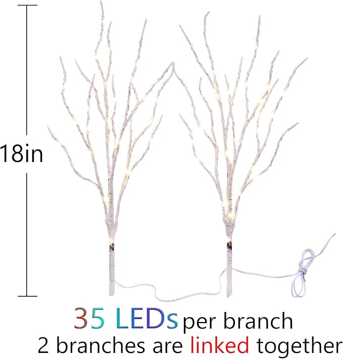 Birchlitland Lighted Birch Branches Battery Operated 18IN 70 LED 8 Function, White or Multiple Colors, Artificial Decorative Branch Lights for Home and Holiday Decoration Indoor Outdoor