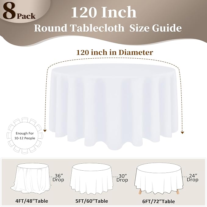 8 Pack White Round Tablecloth 120 Inch Round Table Cloth, Wrinkle Resistant and Washable Tablecloth Polyester Fabric Table Cloth Round Cover for Dining Wedding Banquet Party