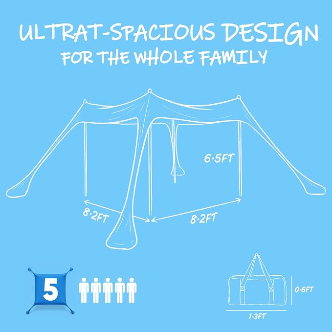 Sekey Aluminum Beach Shade Sun Shelter UPF 50+ - 8.2x8.2 FT Portable Beach Canopy with Windproof Rope & Stability Poles, Easy Setup Outdoor Tent for Camping, Backyard, Fishing, Picnics