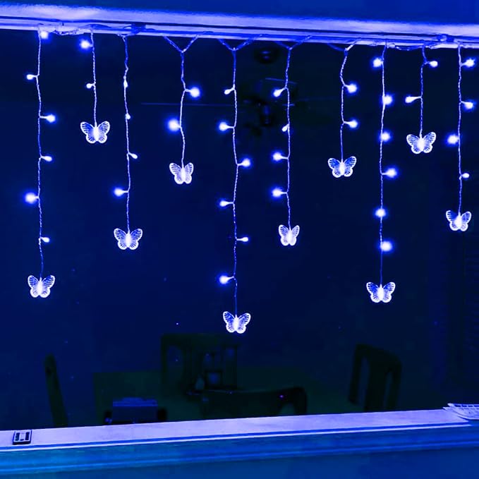 Butterfly Curtain Fairy Lights USB Plug in,8 Modes 120 LED 20FT Firefly Twinkle Timer String Lights with Remote, Waterproof for Bedroom Patio Christmas Wedding Party (Blue)