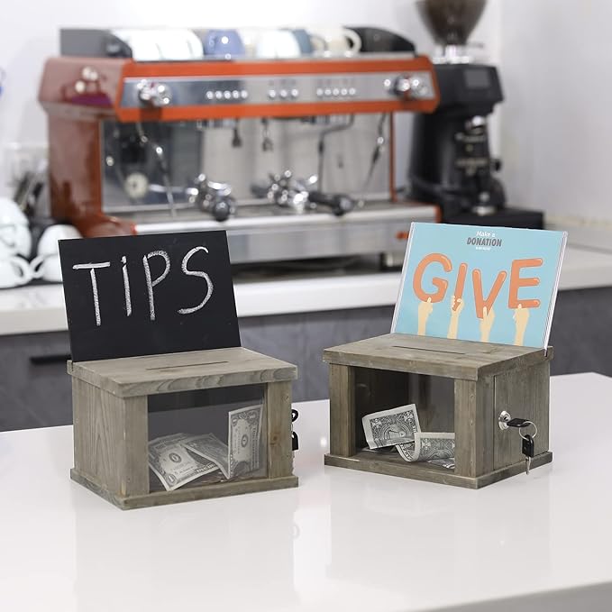 MyGift 2 Pcs Suggestion Box, Tip Jar, Comment Box and Money Donation Collection with Lock, Key, and Interchangeable Acrylic and Chalkboard Sign Holder, Vintage Gray Brown Solid Wood