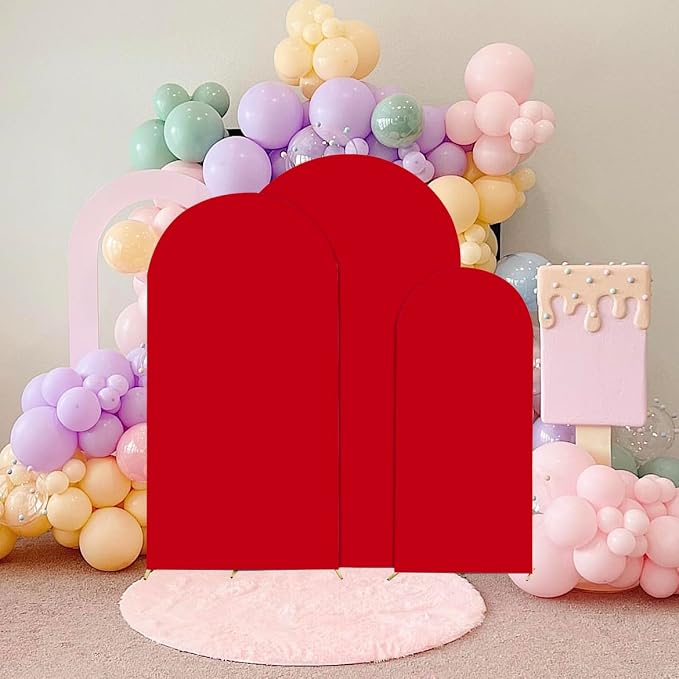 HAINARverS Set of 3 Wedding Arch Cover 6FT,6.6FT,7.2FT Spandex Fitted Stretchy Arch Stand Covers,2 Sided Round Top Chiara Backdrop Cover for Birthday Party Banquet Baby Shower Arch Decoration(Red)