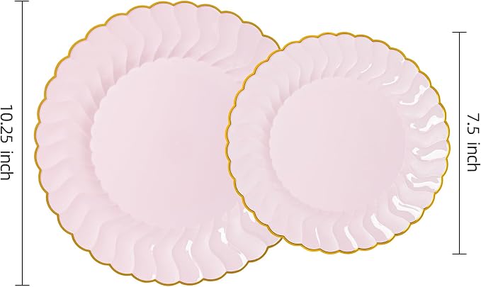 Lullaby 60PCS Pink Scalloped Plastic Plates with Gold Rim, Disposable Elegant Plates Include 30pcs Dinner Plate 10.25", 30pcs Dessert Plate 7.5", Perfect for Daily Use, Wedding and Party