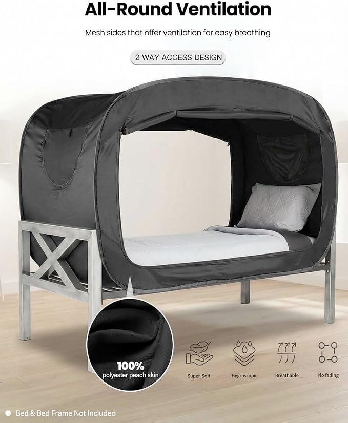 ANC POP Bed Tent Twin Bed Canopy Portable Dream Tent for Adult Indoor Sleeping Tents with 2 Doors Breathable Private Space Tents, Black