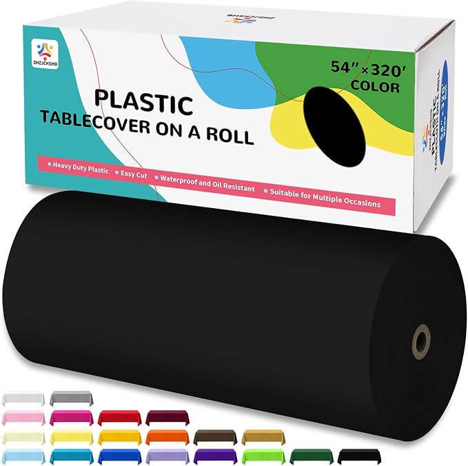 54IN X 320FT Plastic Table Cover Roll with Cutter Box, Cut to Size Plastic Table Cloths for Parties, Birthday, Disposable Tablecloth Roll for All Shape Tables (Black, 54 Inch X 320 Feet)