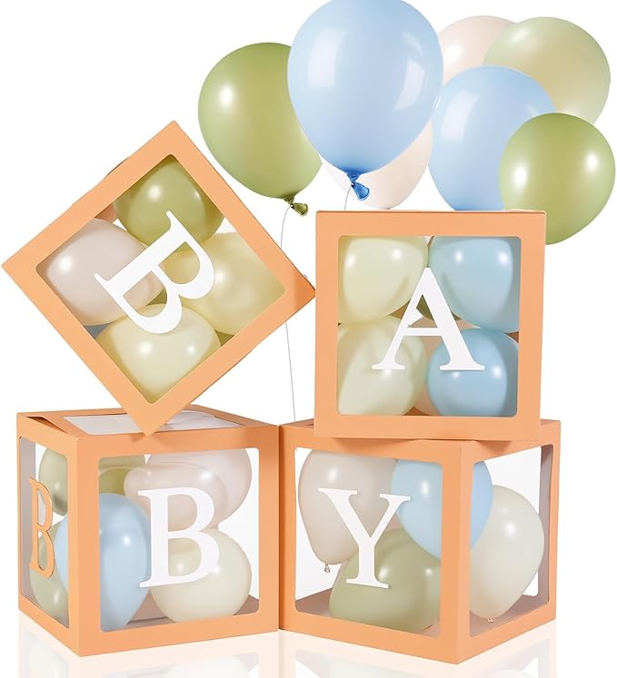 Zhanmai Baby Boxes for Bear Baby Shower Decoration with 4 Letters 36 Balloons 4 Transparent Clear Balloon Box Blocks for Boy Girl Balloon Boxes Gender Reveal Party Favors (Green,Yellow,Blue,White)