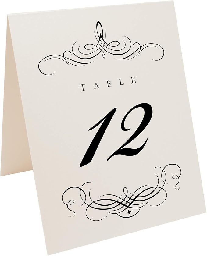Decadent Flourish Wedding Table Numbers (Select Color/Quantity), Champagne, Black, 1-110, Double Sided, Tent or Use in a Stand, Great for Parties & Restaurants - Made in the USA