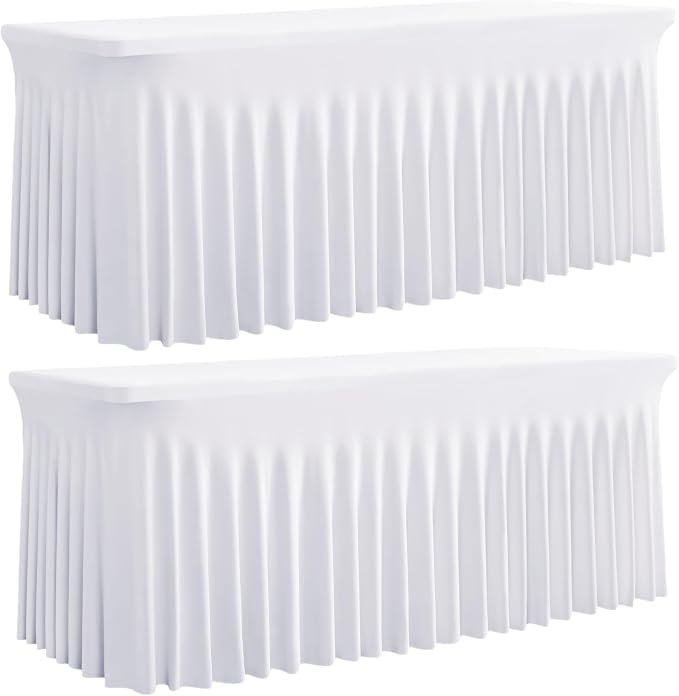 Outpain White Spandex Table Clothes for 8 Foot Rectangle Tables-2Pack 8FT Spandex Fitted Table Cover, Wrinkle Free Tablecloths with Skirt for Parties, Wedding, Birthday, Banquet, Festival