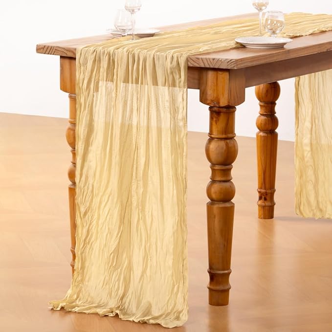 DeZerlor Champagne Gold Cheesecloth Table Runner 6 Pack Spring Easter Table Runners Boho Gauze 120 Inches Champagne Cheese Cloth Table Decor for Wedding Bridal Baby Shower Parties