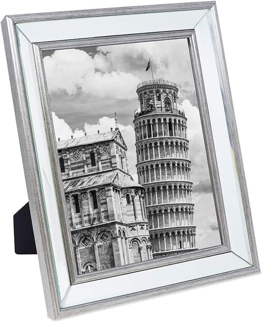 Isaac Jacobs 8x10 Silver Beveled Mirror Picture Frame - Classic Mirrored Frame with Slight Slanted Angle Made for Wall Décor Display, Tabletop, Photo Gallery and Wall Art (8x10, Silver)