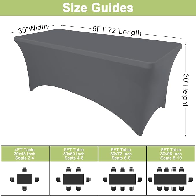 Moosfor Spandex Elastic Fitted 6FT Rectangle Tablecloth 6 Pack, Stretch Washable Reusable Table Cover for Outdoor Picnic, Dining, Wedding, Banquet & Party Events (Dark Grey, 72Lx30Wx30H Inch)