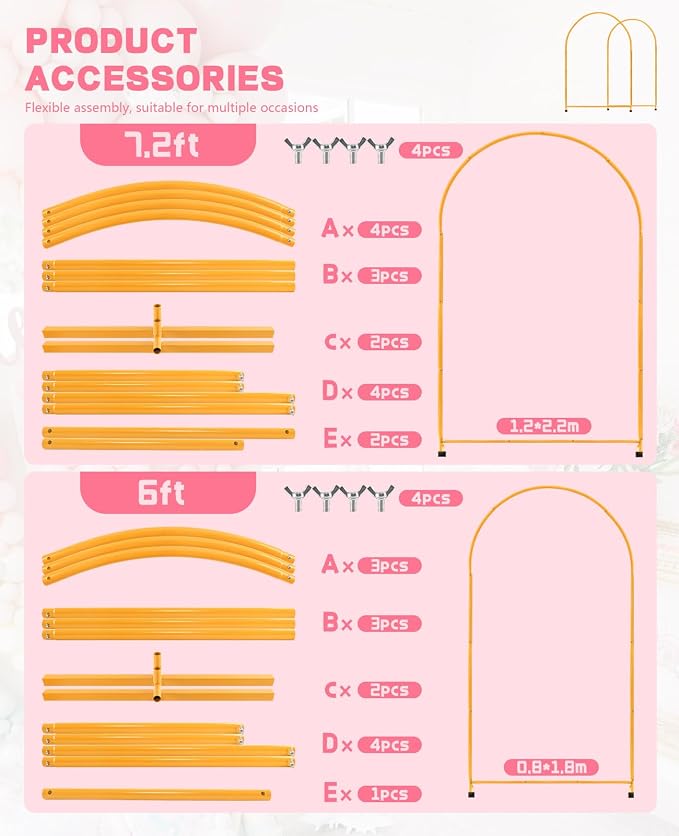 Metal Arch Backdrop Stand, 7.2FT+6FT Wedding Arch Frame, Gold Balloon Arch Backdrop Stand, 2 Pack Balloon Arch Stand for Wedding Birthday Party Baby Shower Graduation Decoration