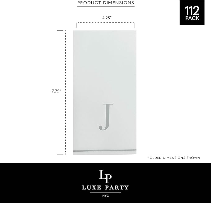 Luxe Party 112 Pack Monogram Napkins | Letter J Initial | Disposable | Premium Airlaid | Linen Feel | Decorative Table Setting | Guest Towel Napkin | White and Silver