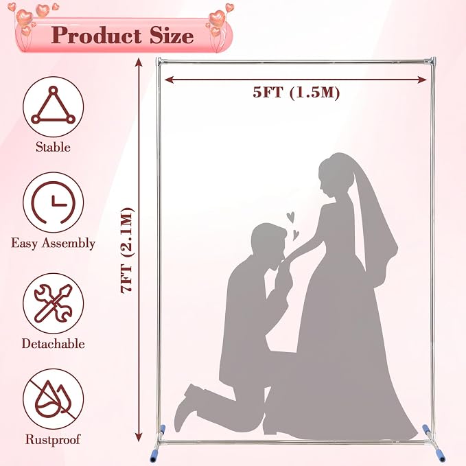 7FT Arch Backdrop Stand, 5FT Wide, Stainless Steel Wedding Arch Stand with Base Ground Spikes for Ceremony, Balloon Arched Backdrop Frame for Birthday Party Baby Shower Celebration Decorations