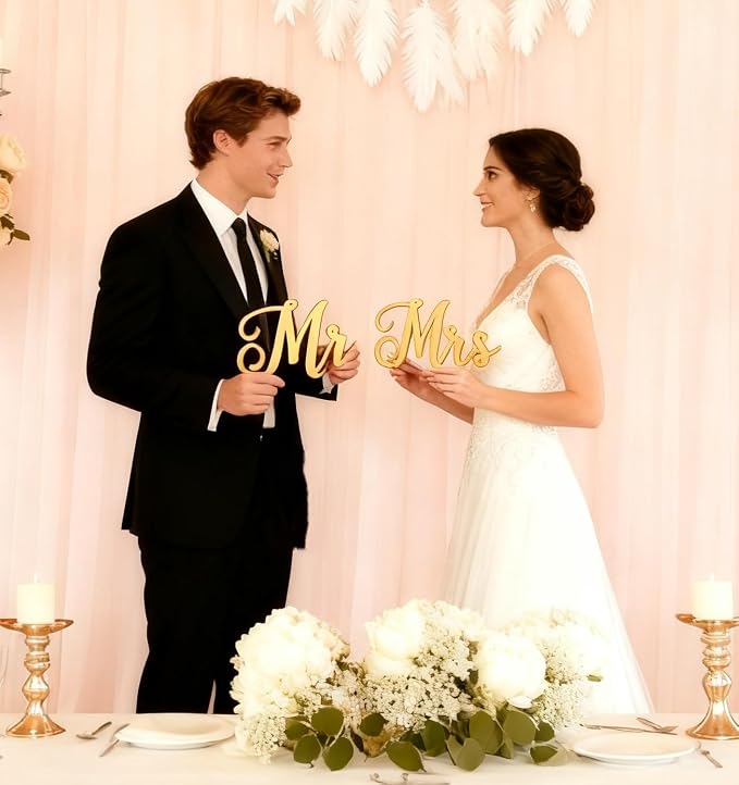 Mr & Mrs Sign for Wedding Chair Decor, Acrylic Gold Mr and Miss Sign,Photo Props, Freestanding Wedding Centerpiece Chair Letters Wedding Decorations for Anniversary,Engagement,Party (Gold, 0.2'')