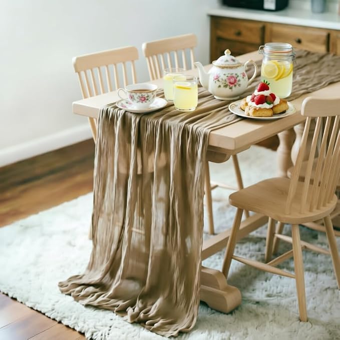 LINXTAR Nude Cheesecloth Table Runner 120 Inches 10Ft Gauze Summer Boho Table Runner for Wedding Tea Party Baby Shower Bridal Birthday Home Decoration