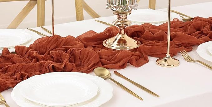 MDS Pack of 12 Cheesecloth Table Runner 35x120 Inch, 10FT Long Gauze Cheese Cloth Table Runner for Wedding Party Birthday Bridal Shower Farmhouse Garden Boho Rustic Table Decoration - Terracotta
