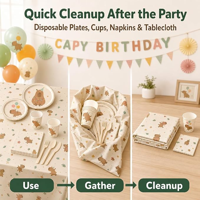 120 PCS Capybara Birthday Party Supplies for 10 Guests, Cute Animal Theme Decorations and Tableware Set with Banner, Balloons, Plates, Cups, Napkins, Cutlery, Tablecloth, and Toppers