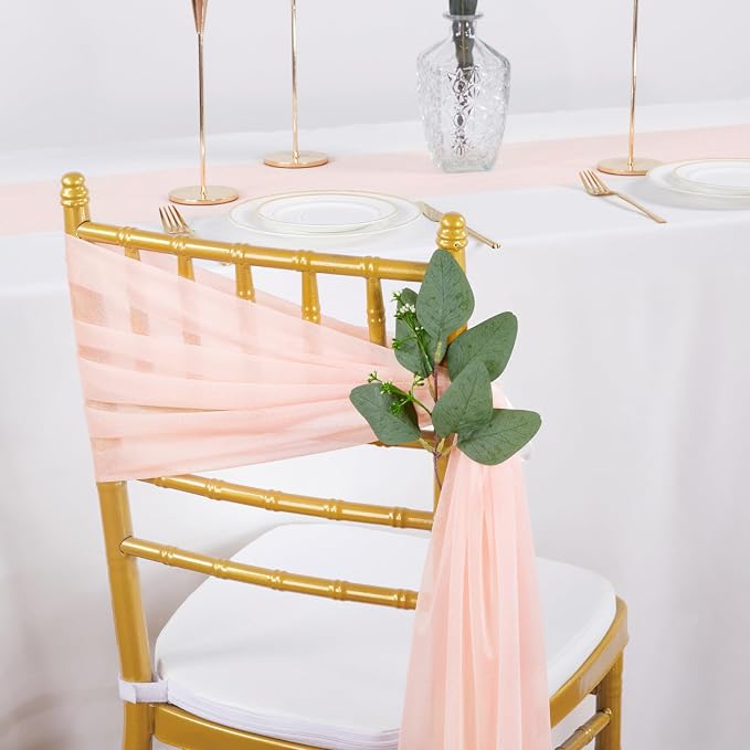 QueenDream Blush Chair Sashes Wedding Aisle Decorations: 24 Packs 8ft Long Draping Fabric Sheer Church Chair Cover Bulk for Party Banquet