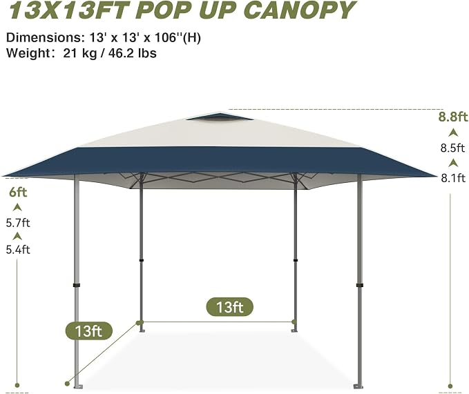 HYPER VENTURE 13x13ft Pop Up Canopy Tent with One Push Setup, Portable Outdoor Event Shelter with Rolling Carry Bag for Camping, Beach, Market, Patio (Navy)