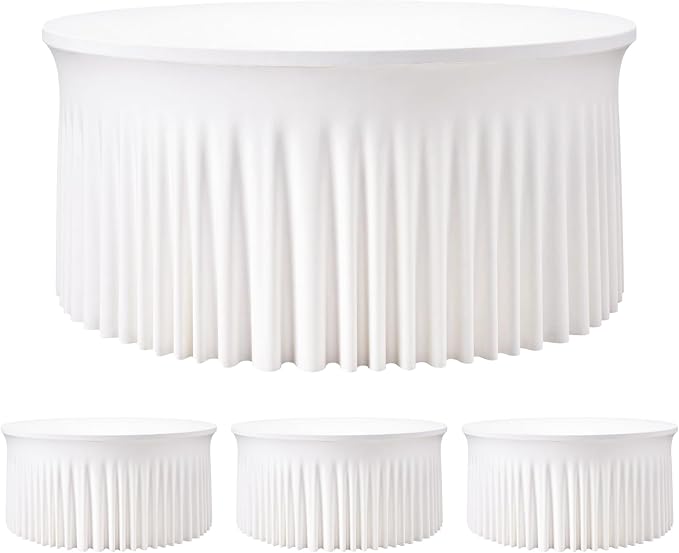 4 Pack White 72 inch Round Spandex Tablecloth, Wrinkle-Free Stretchy Fitted 6FT Round Tables,Elastic Edge with Skirt,Washable Table Cloths for Wedding Banquet Party Birthday Buffet