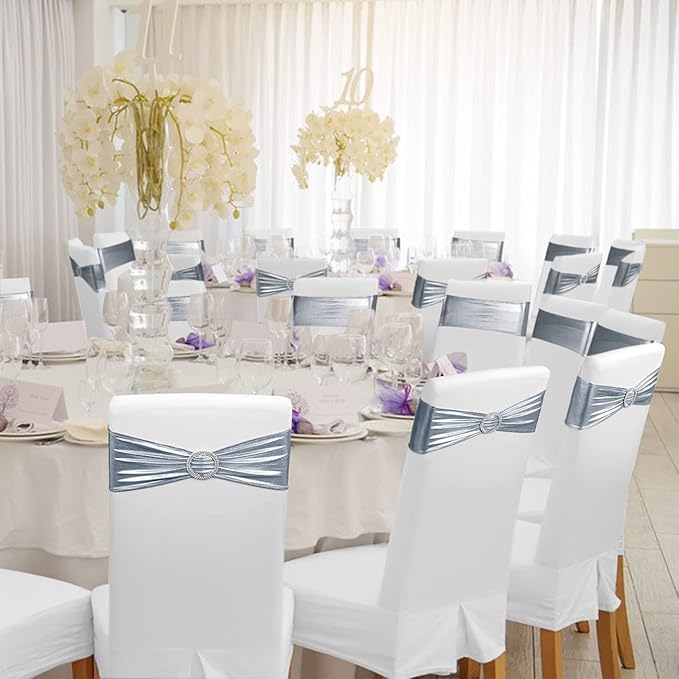 Spandex Chair Sashes Bows - Babenest 50PCS Premium Stretch Chair Cover Band with Buckle Slider Universal Elastic Chair Ties for Wedding Party Ceremony Reception Banquet Decoration (Metallic Silver)