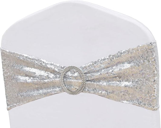 Full Sparkly Sequins Silver Chair Sashes for Wedding Decor, Glitter Chair Bands with Buckles, Sequin Chair Bows for Party Ceremony Event Decorations - 100 Pack