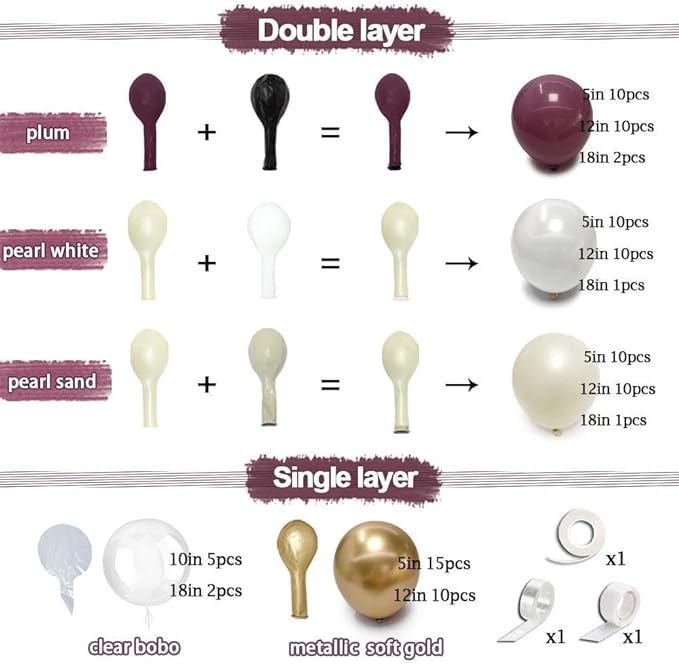 Dark Purple White Balloon Arch Kit, Double Stuffed Plum Mauve Burgundy Pearl White Sand Gold Balloon Garland with Clear Bobo Latex for Birthday Baby Shower Wedding Graduation Mothers Day Party Decor