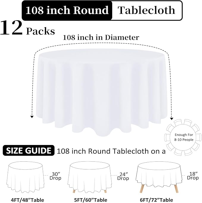 12 Pack White Round Tablecloth 108 Inch White Table Cloth Stain and Wrinkle Resistant Reusable and Washable Polyester Fabric for Buffet Wedding Party and Banquet