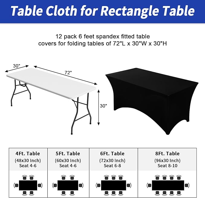Fixwal 12 Pack Black Tablecloth Rectangle 6Ft, Stretch Spandex Fitted Table Cover for Party, Trade Show, Wedding, Buffet, Graduation, Vendor Stand