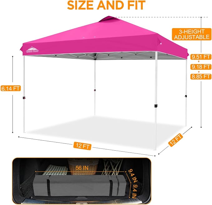 EAGLE PEAK Pop Up Canopy Tent with Wheeled Carry Bag, 8 Stakes, 4 Ropes, 4 Weight Bags, Easy Set Up Tent Canopy, 12x12 ft, 144sqft of Shade, Pink