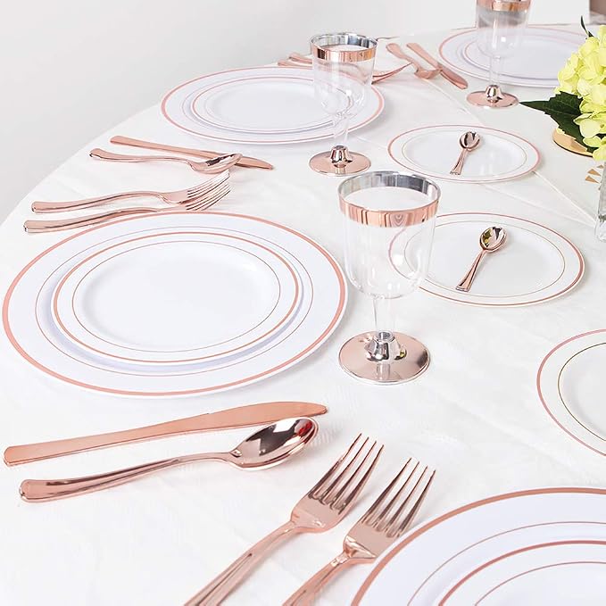 WDF 120 Pieces Rose Gold Plastic Silverware- Disposable Flatware Set-Heavyweight Plastic Cutlery- Includes 40 Forks, 40 Spoons, 40 Knives for Baby Shower Wedding Spring Party