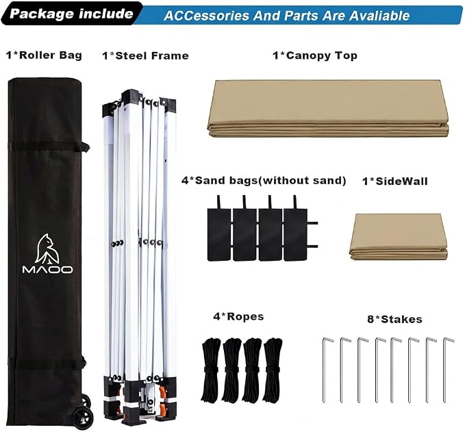 MAOO 10x10 Pop Up Canopy Tent with Sidewall, Easy Setup Instant Outdoor Canopy, 210D Silver Coated Waterproof UPF 50+ Sun Shade Shelter, Heavy Duty Steel Frame, Roller Bag, Khaki