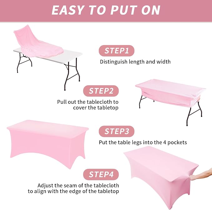 Fixwal 6 Pack 6Ft Pink Table Cover, Spandex Fitted Tablecloths Rectangle, Wrinkle-Free and Stretch Folding Table Cloth for Banquet, Wedding, Party, Trade Show