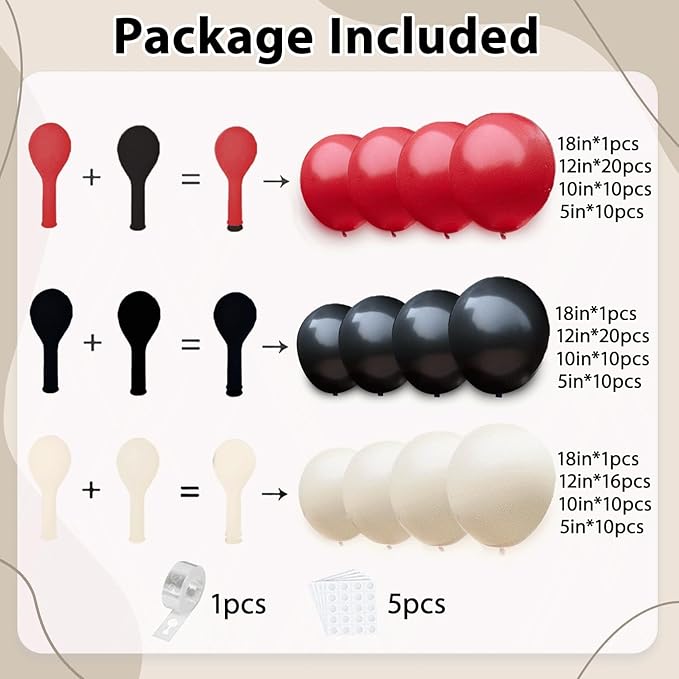 Red Black And White Balloons Garland Arch Kit, Double Stuffed Ruby Ivory Red White And Black Balloons Arch Kit for Birthday Anniversary Graduation Wedding Party Decoration