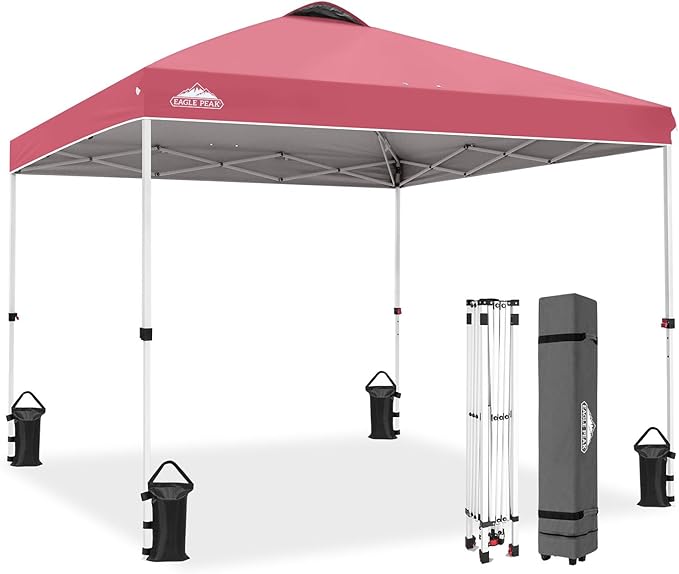 EAGLE PEAK Pop Up Canopy Tent with Wheeled Carry Bag, 8 Stakes, 4 Ropes, 4 Weight Bags, Easy Set Up Tent Canopy, 10x10 ft, 100sqft of Shade, Peach Pink